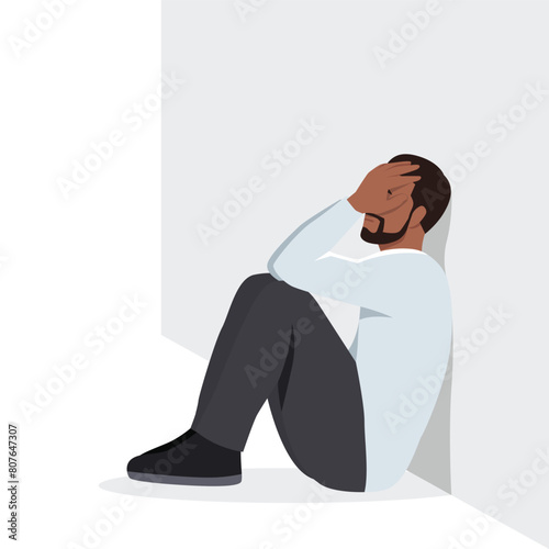 Young black man depressed and sit on the floor. Flat vector illustration isolated on white background