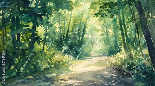 Watercolor painting of a forest path dappled in sunlight  the natural greens and soft light designed to ease patient anxiety and stress