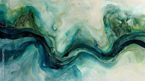 Watercolor painting of a meandering river seen from above, the flowing water a metaphor for calmness and continuity photo