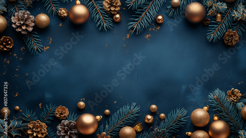 Christmas card. Frame borders made of gold balls  decorations  fir branches on dark blue background. Luxury style.