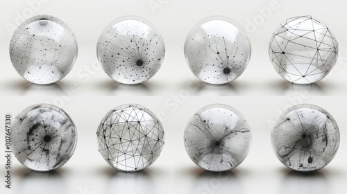 A set of abstract spheres created from points and lines on a white background. An illustration of big data visualization illustrating connections between networks.