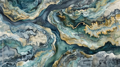 Watercolor painting of a meandering river seen from above, the flowing water a metaphor for calmness and continuity