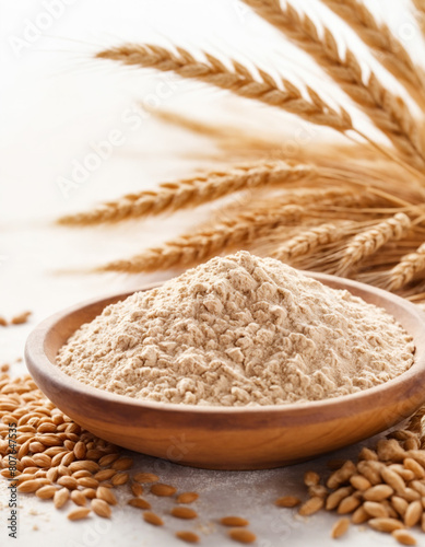 Close up of wheat flour, grain and ears on white table. Natural ingredient for cooking and baking. Simple background with space for text. Perfect for product presentation.