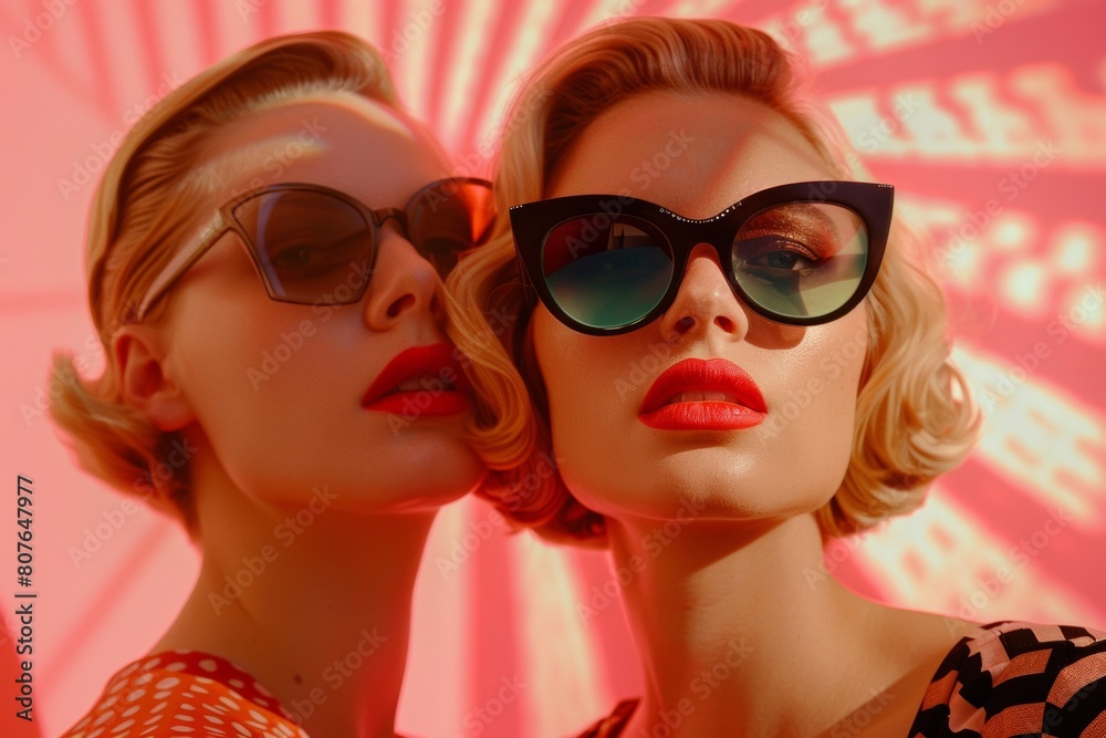 Two elegant women in stylish sunglasses with dramatic makeup under vibrant pink lighting capture a sophisticated, vintage glamour look, Generative Ai Two elegant women in stylish sunglasses with dramatic makeup under vibrant pink lighting capture a sophisticated, vintage glamour look, Generative Ai