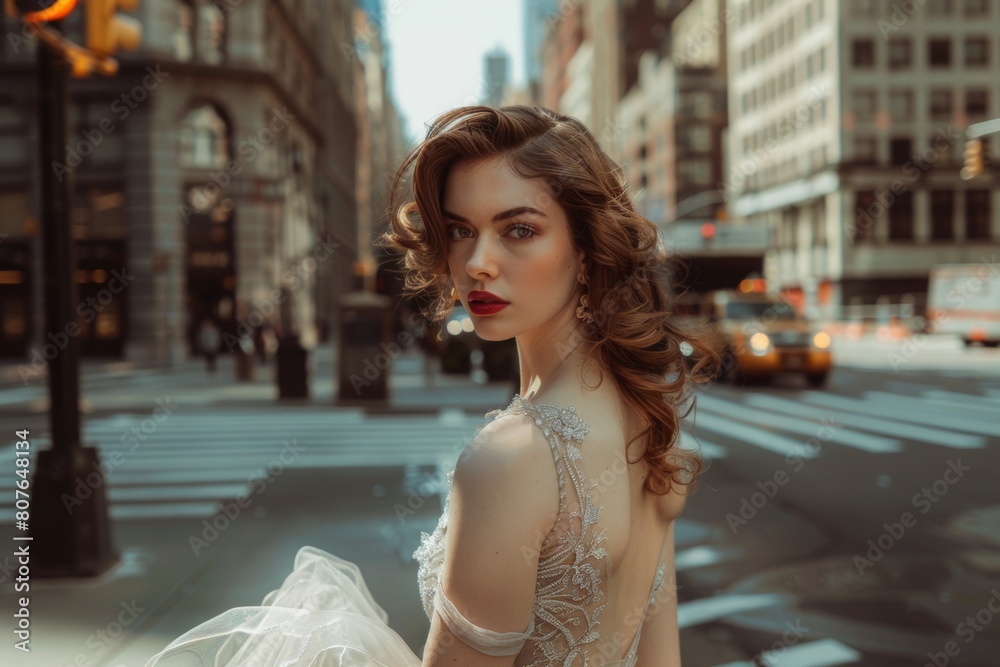 Naklejka premium A young woman in exquisite bridal wear stands on a city street, her gaze captivating and full of stories, surrounded by the rush of urban life, Generative Ai
