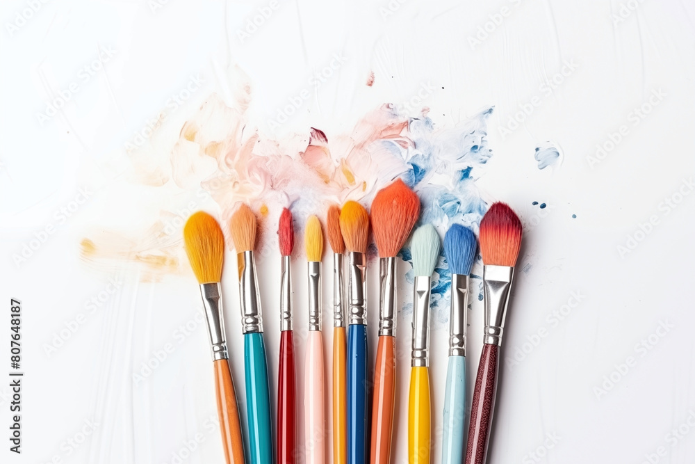 Fototapeta premium Paint brushes and paints on a white background with copy space.