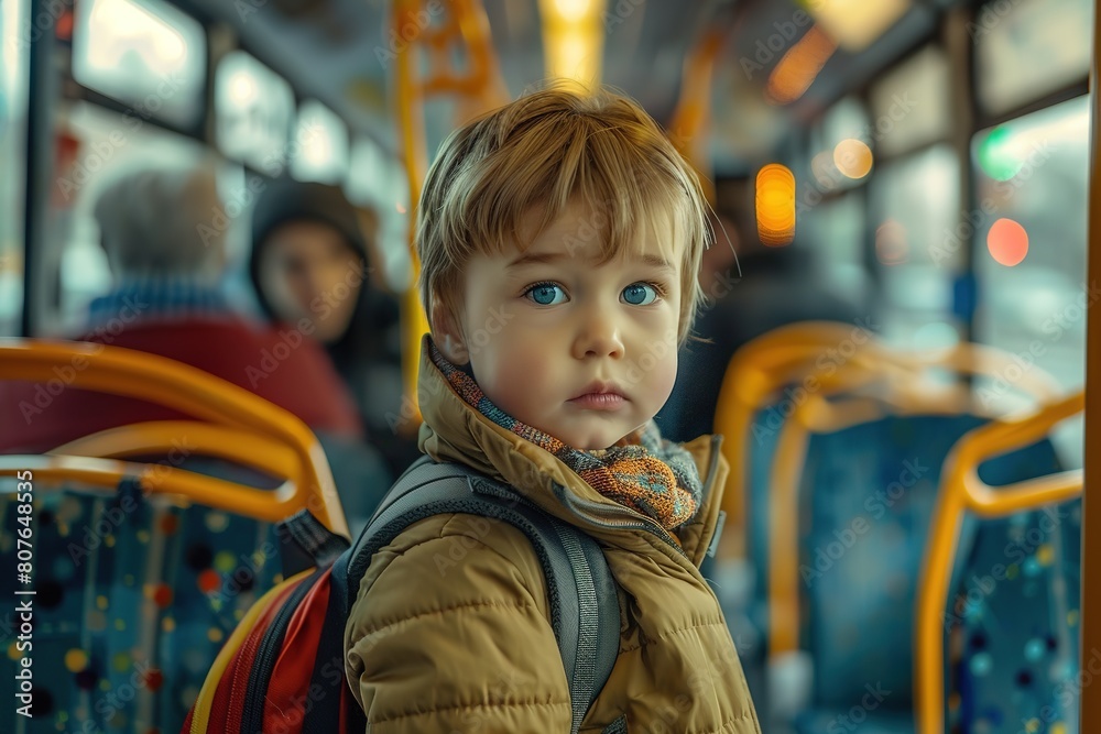 Young boy with a backpack on a bus, looking thoughtfully out of the window.