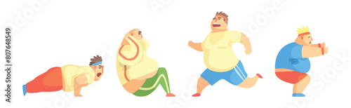 Funny Chubby Man Character Doing Gym Workout Vector Set