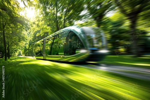 Modern bus speeding through a verdant park with motion blur emphasizing speed and eco-friendly transport.