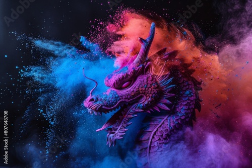 Vibrant Mythical Dragon Emerging from Pink and Blue Cosmic Fog with a Burst of Holi powder 
