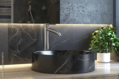 Black and grey bathroom with countertop wash basin, modern luxury minimalist restroom interior design.