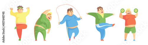 Funny Chubby Man Character Doing Gym Workout Vector Set