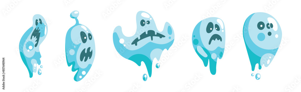 Blue Ghost Character with Scary Face Grimace Vector Set Blue Ghost Character with Scary Face Grimace Vector Set