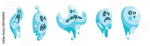 Blue Ghost Character with Scary Face Grimace Vector Set