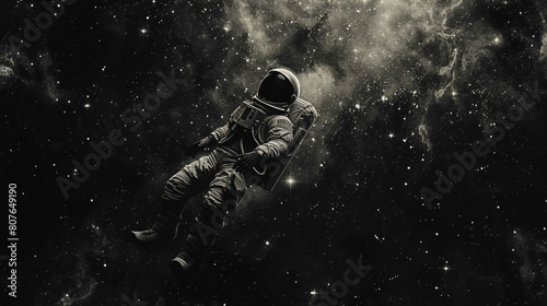 A astronaut wearing space suit and exploring the space in search of life and water on moon. Black and White wallpaper of astronaut who exploring and landing on the moon.