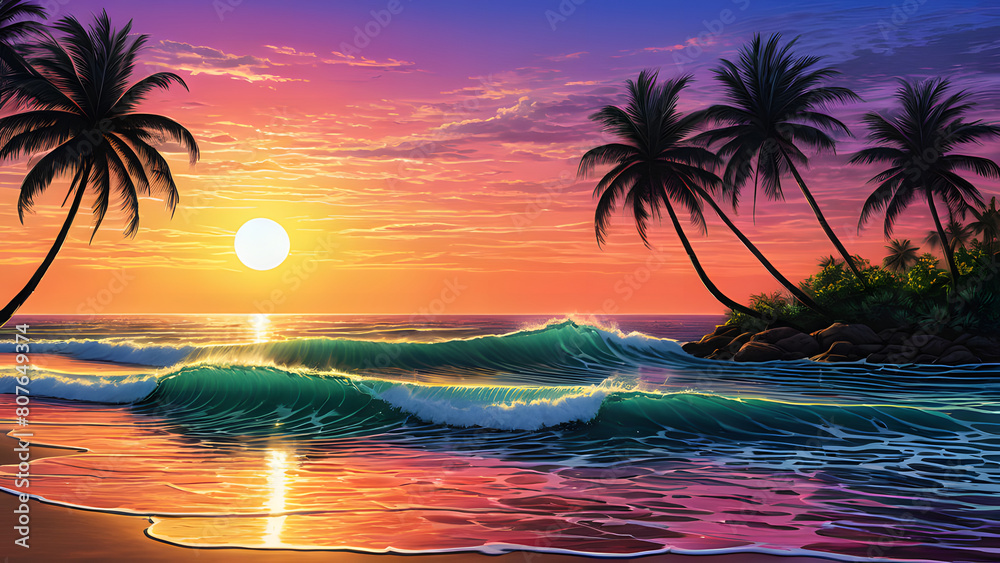 tropical sunset with trees