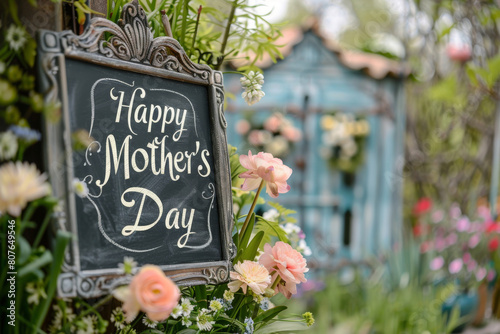 A sign that says Happy Mother's Day is hanging in a garden