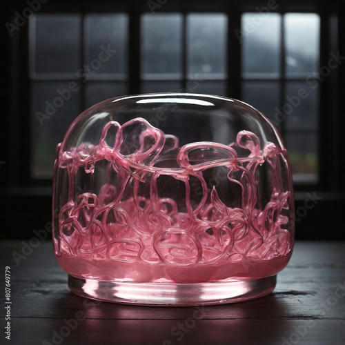 glassy pink jelly blog on dark blackwindow pane photo