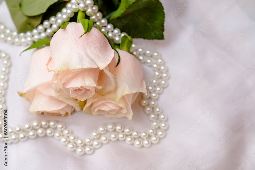 The branch of pink rose on white fabric background
