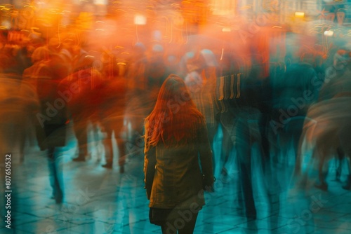 Blonde woman lost in the crowd, timelapse and blur effect. Conceptual image of lost in nowhere and being lonely in the crowd, vivid