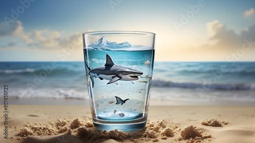 a water glass on the beach shark