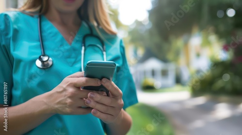 A nurse using a smartphone to access electronic medical records and review patient information during a shift © kimly