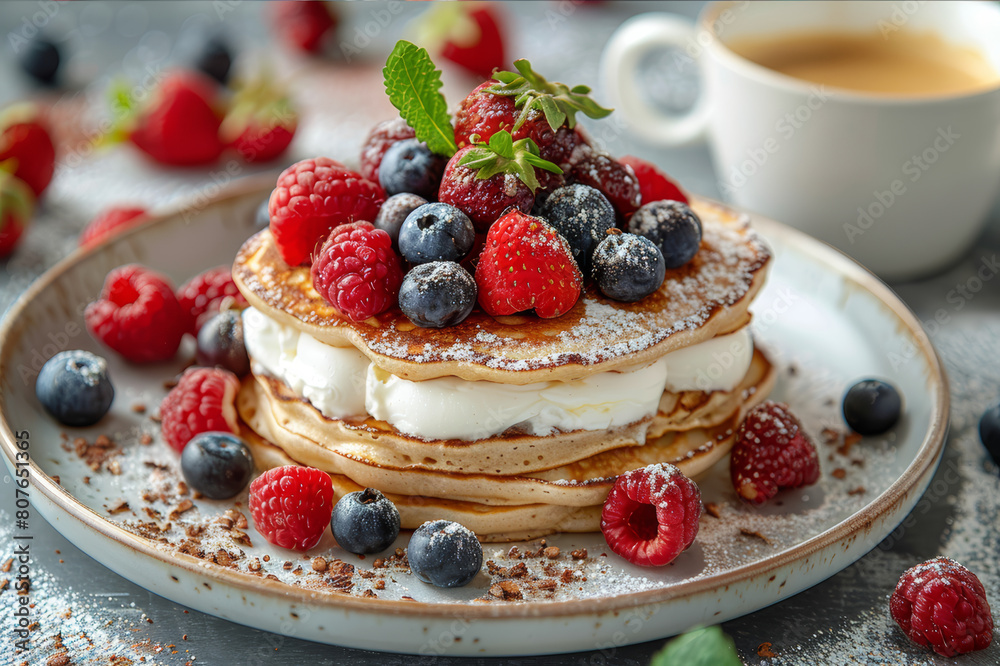 Elegant breakfast arrangement with pancakes topped with berries, poached eggs, and cappuccino. AI generated. Elegant breakfast arrangement with pancakes topped with berries, poached eggs, and cappuccino. AI generated.