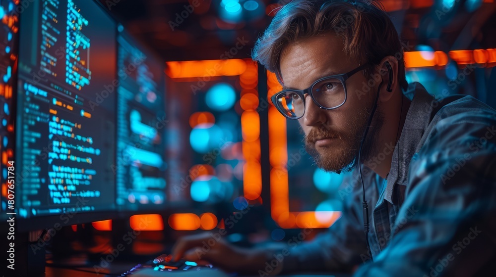 Obraz premium AI collage photo of a computer network maintenance specialist using a device to write code