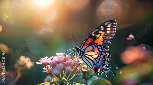 A colorful butterfly perched delicately on a vibrant flower, its delicate wings shimmering in the sunlight.