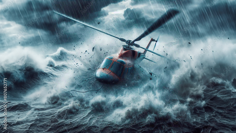 Fototapeta premium Helicopter crushed in flight, stormy weather