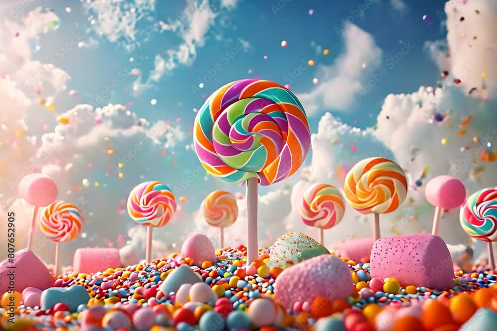 A colorful candy background with lollipops and marshmallows against a ...