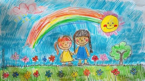 Children s drawing with pencil and crayons for Children s Day. Little children  girls hold hands in nature surrounded by flowers  sun and rainbows. Artistic design illustration  summer