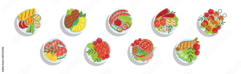 Grilled Food and Cooked Snack on Plate Vector Set Grilled Food and Cooked Snack on Plate Vector Set