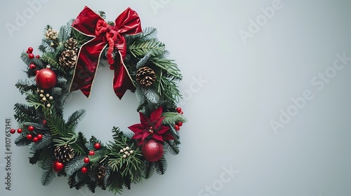 A festive holiday wreath hanging on a white wall  adorned with ornaments  berries  and a red bow.
