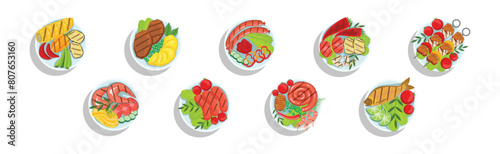 Grilled Food and Cooked Snack on Plate Vector Set