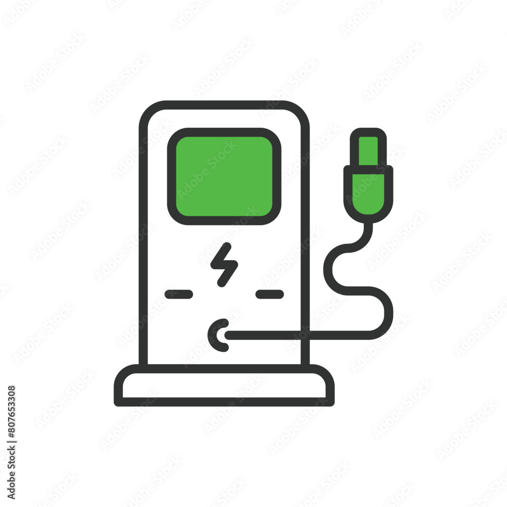 Charging station, in line design, green. Charging, Station, Electric vehicle, EV, Alternative energy, Green technology, Sustainable on white background vector. Charging station editable stroke icon Charging station, in line design, green. Charging, Station, Electric vehicle, EV, Alternative energy, Green technology, Sustainable on white background vector. Charging station editable stroke icon