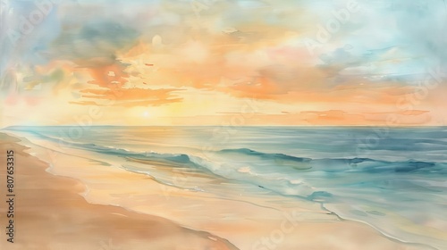 Watercolor scene of a tranquil beach at sunset  the soothing hues of the sky and sea blending together to relax patients and staff alike