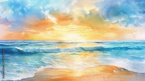 Watercolor scene of a tranquil beach at sunset, the soothing hues of the sky and sea blending together to relax patients and staff alike © Alpha