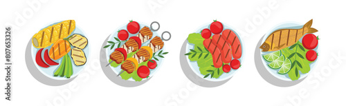 Grilled Food and Cooked Snack on Plate Vector Set