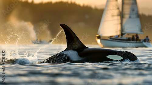 Killer whale or Orca whale breaking the surface with a sailboat in the background. 