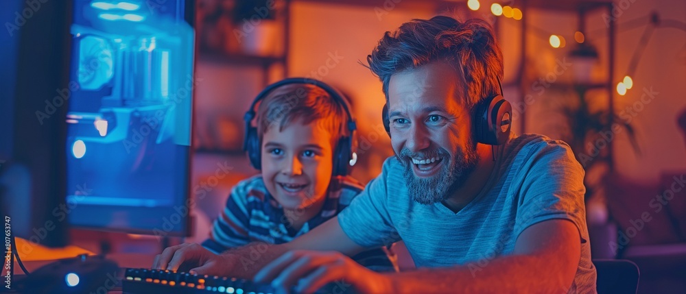 Playing an online computer video game, a happy father and child