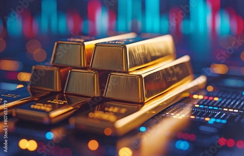 Gold bars stack on top of chart-driven tools for regulatory compliance indicators. photo