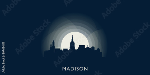 Madison cityscape skyline city panorama vector flat modern banner illustration. USA, Wisconsin state emblem idea with landmarks and building silhouettes at sunrise sunset night