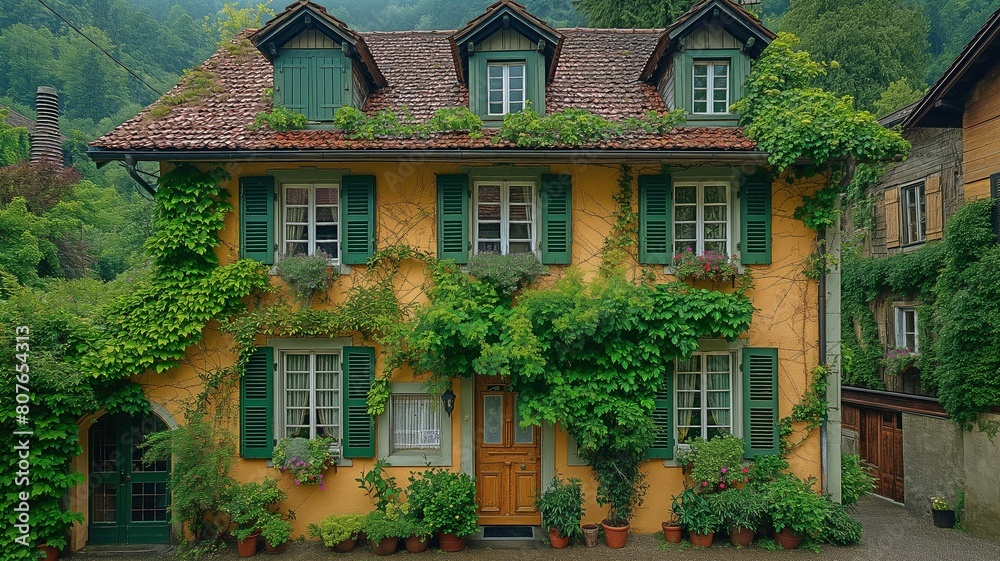 dwelling in a charming Swiss village with green shutters that are encircled by climbing plants