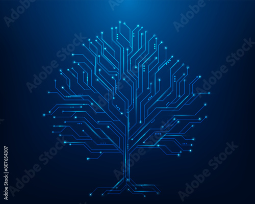 tree data technology circuit line on blue and dot dark background. digital circuit board internet connection. vector illustration futuristic hi-tech style.