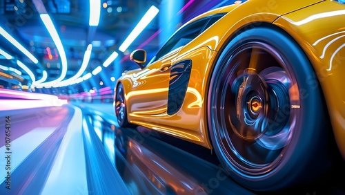Closeup image of yellow sports car speeding with blurred lights on side. Concept Automotive Photography, Yellow Sports Car, Speed Motion Blur, Closeup Detail Shot, Dramatic Lighting © Anastasiia