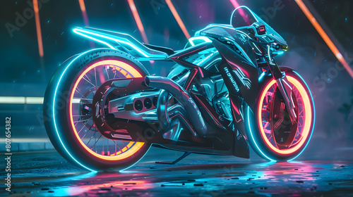 A concept bike inspired by cyberpunk aesthetics, featuring neon accents and digital displays