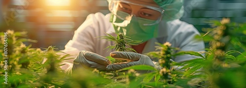 A scientist studies hemp plants in a greenhouse growing marijuana. The notion of complementary and herbal therapy