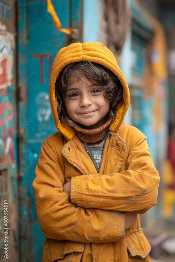 Cute Indian boy in a yellow hooded jacket on the street in a poor area Cute Indian boy in a yellow hooded jacket on the street in a poor area