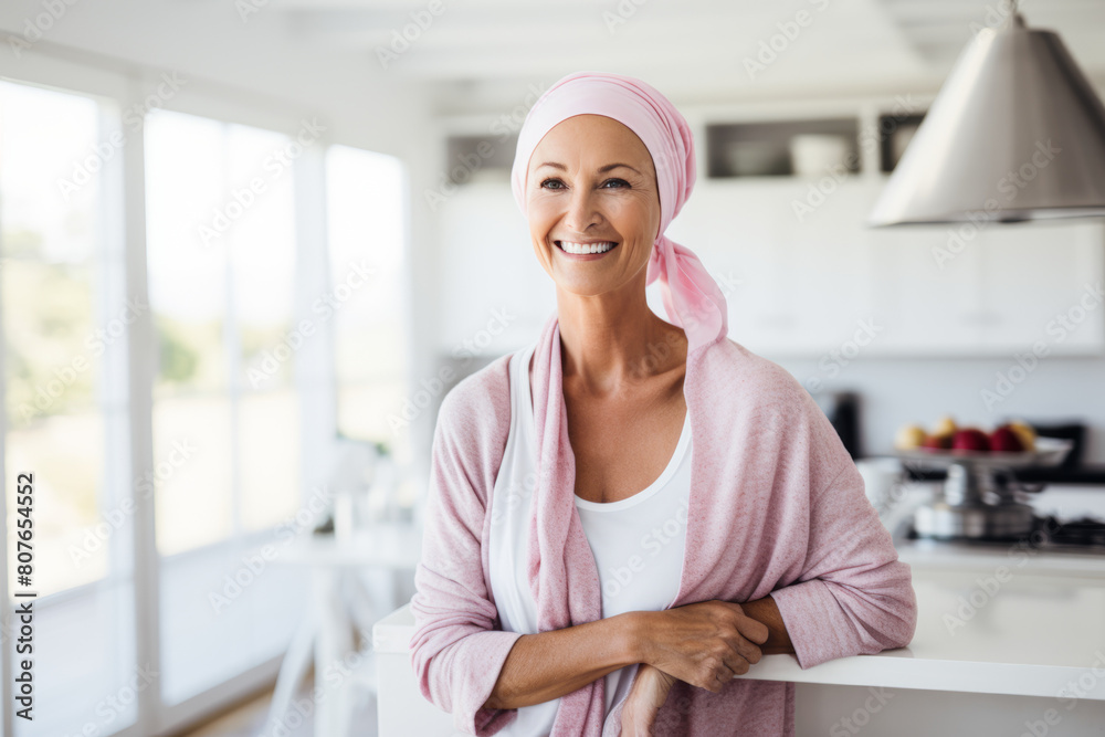 A woman with a pink scarf on her head is smiling in a kitchen A woman with a pink scarf on her head is smiling in a kitchen